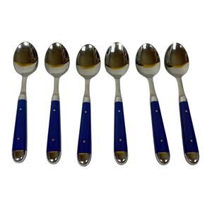 Oneida Palette Cobalt Blue Stainless Riveted 6 Oval Spoons Glossy Silverware